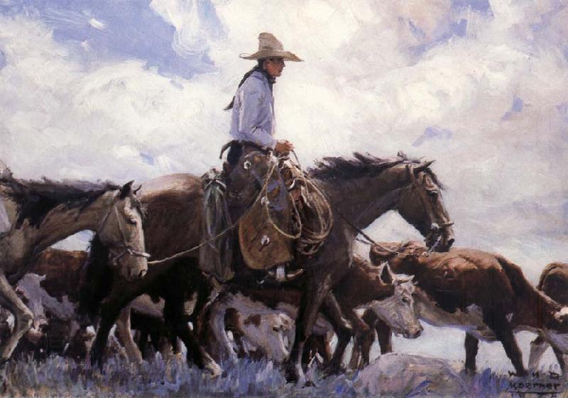 W.H.D. Koerner The Stood There Watching Him Move Across the Range,Leading His Pack Horse China oil painting art